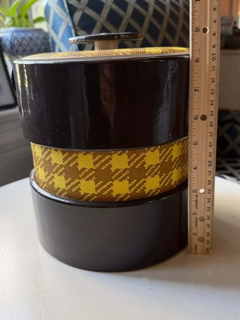Vintage Retro brown & yellow houndstooth plaid mid century modern ice bucket